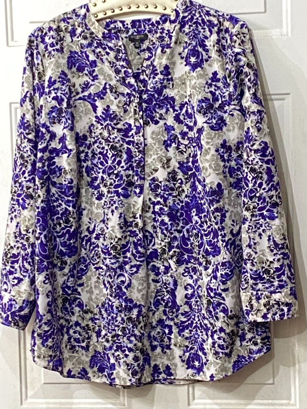Talbots Sz 2X Blouse Popover Long Sleeve Purple/Gray/White Floral Polyester